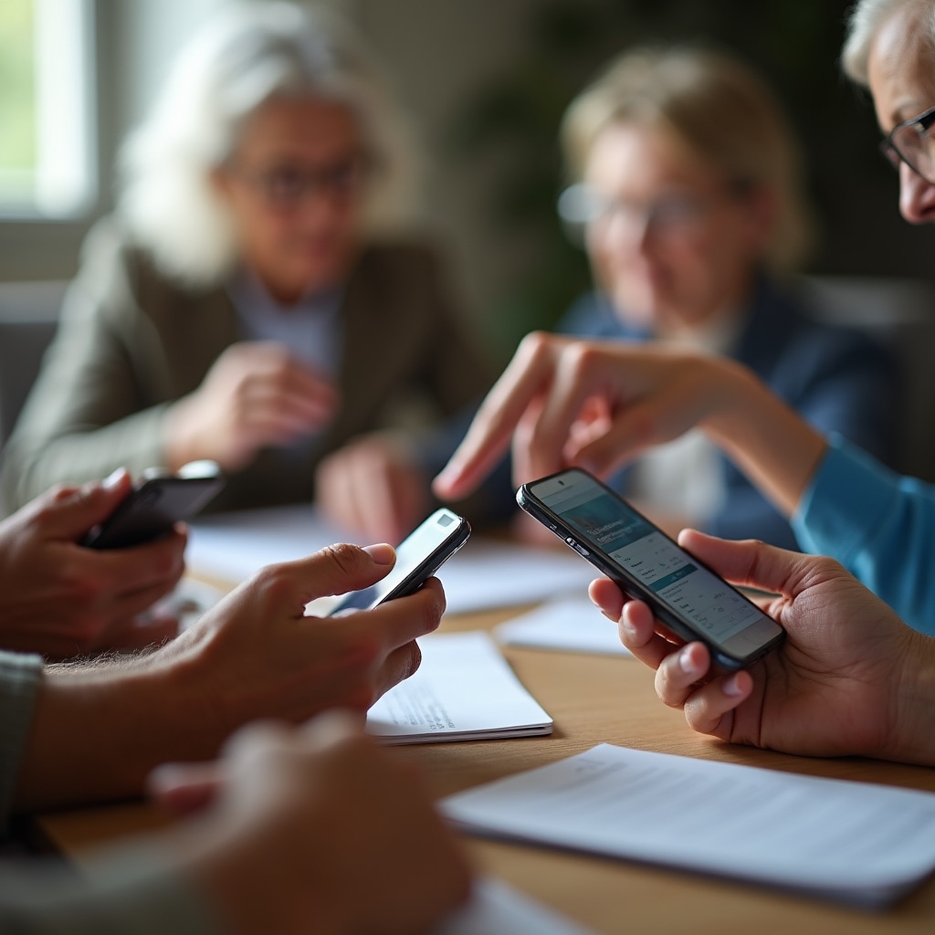 Senior adults actively engaged in hands-on smartphone learning with instructor providing individual guidance