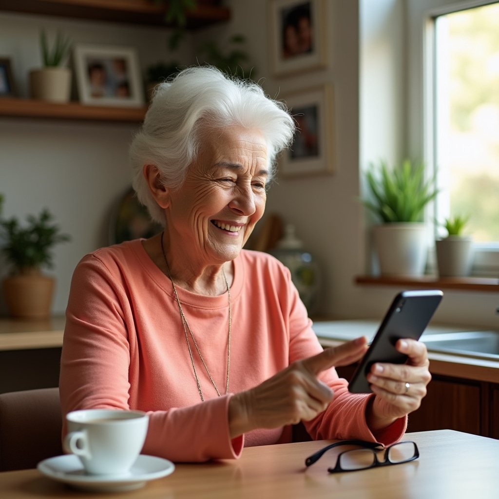 Confident senior woman successfully using banking app independently at home, smiling with satisfaction