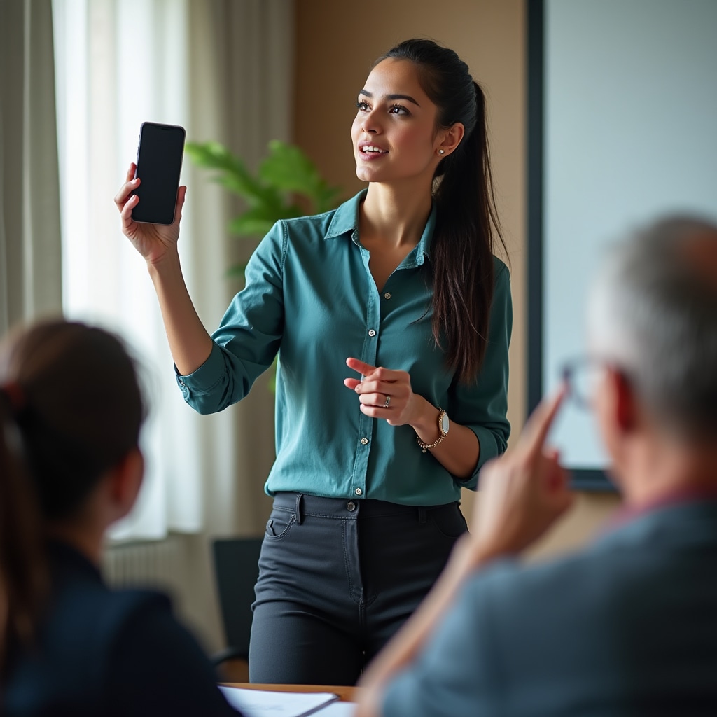 Ana Silva, digital security educator, demonstrating smartphone use