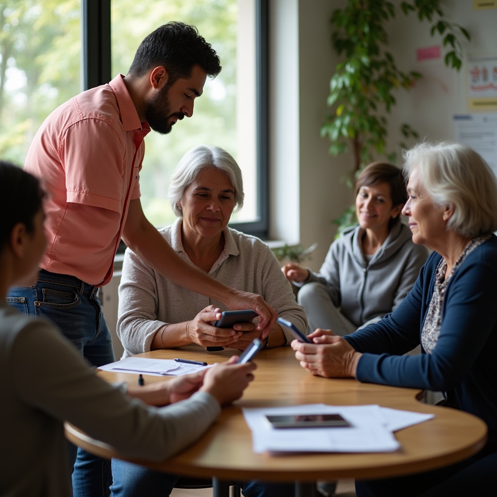 Patient instructor assisting senior woman with smartphone banking app in comfortable learning environment
