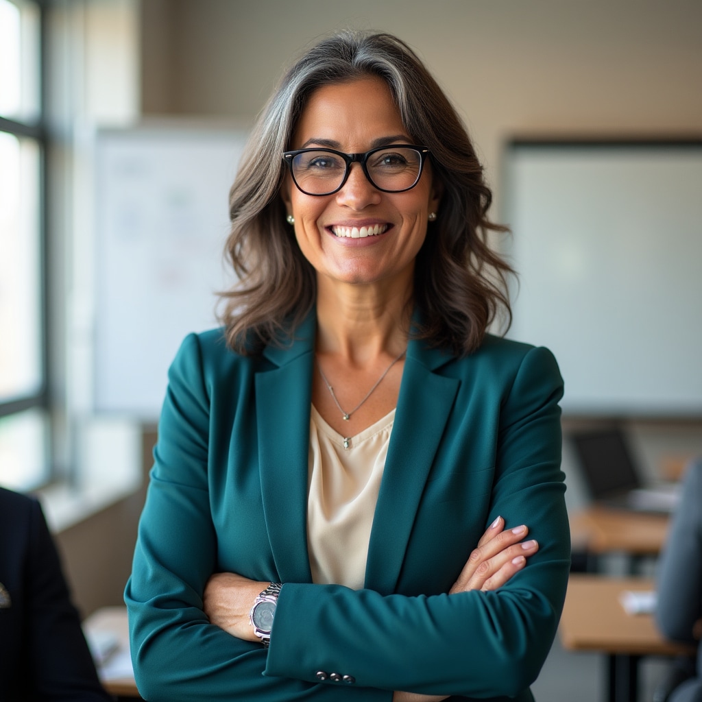 Maria Rodriguez, senior technology instructor, smiling warmly in professional attire
