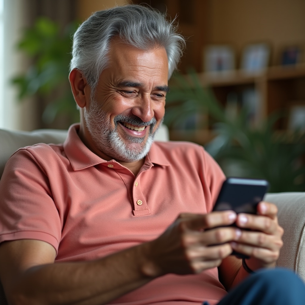 Confident senior man successfully completing banking transaction on smartphone, smiling