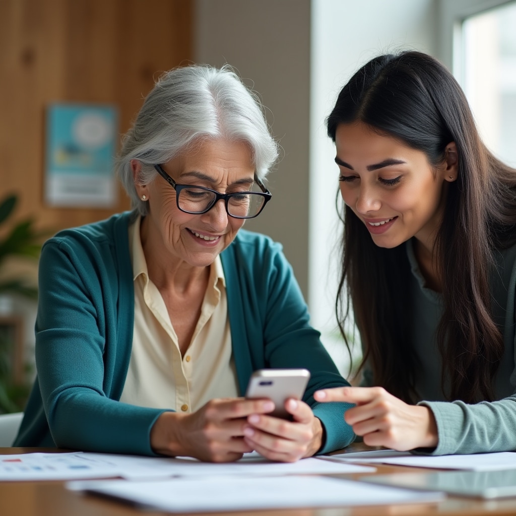 Senior adult learning to use banking app on smartphone with instructor guidance