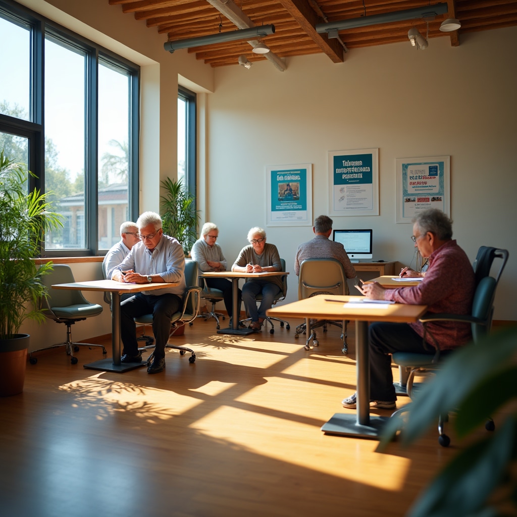 Comfortable learning space with instructor teaching senior adults digital banking in small group setting